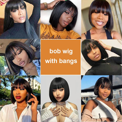 3-in-1 Middle Part Bob Lace Wig — Straight Short Human Hair with Bangs, Machine Made for Women