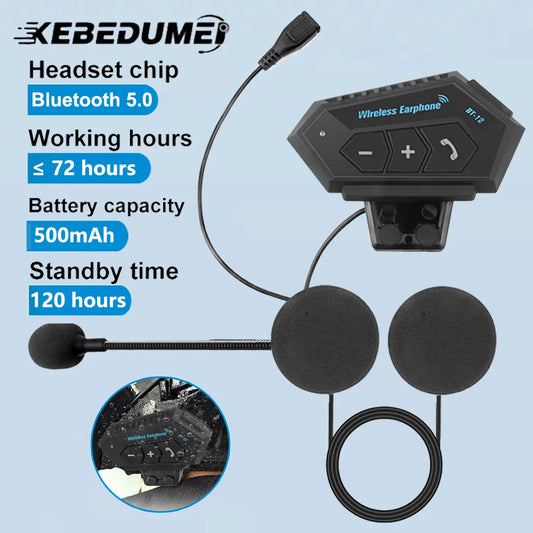 BT12 Motorcycle Helmet Headset - Stereo Bluetooth Earphone, Wireless Hands-Free Mic & Music Player for Motorbike Riders