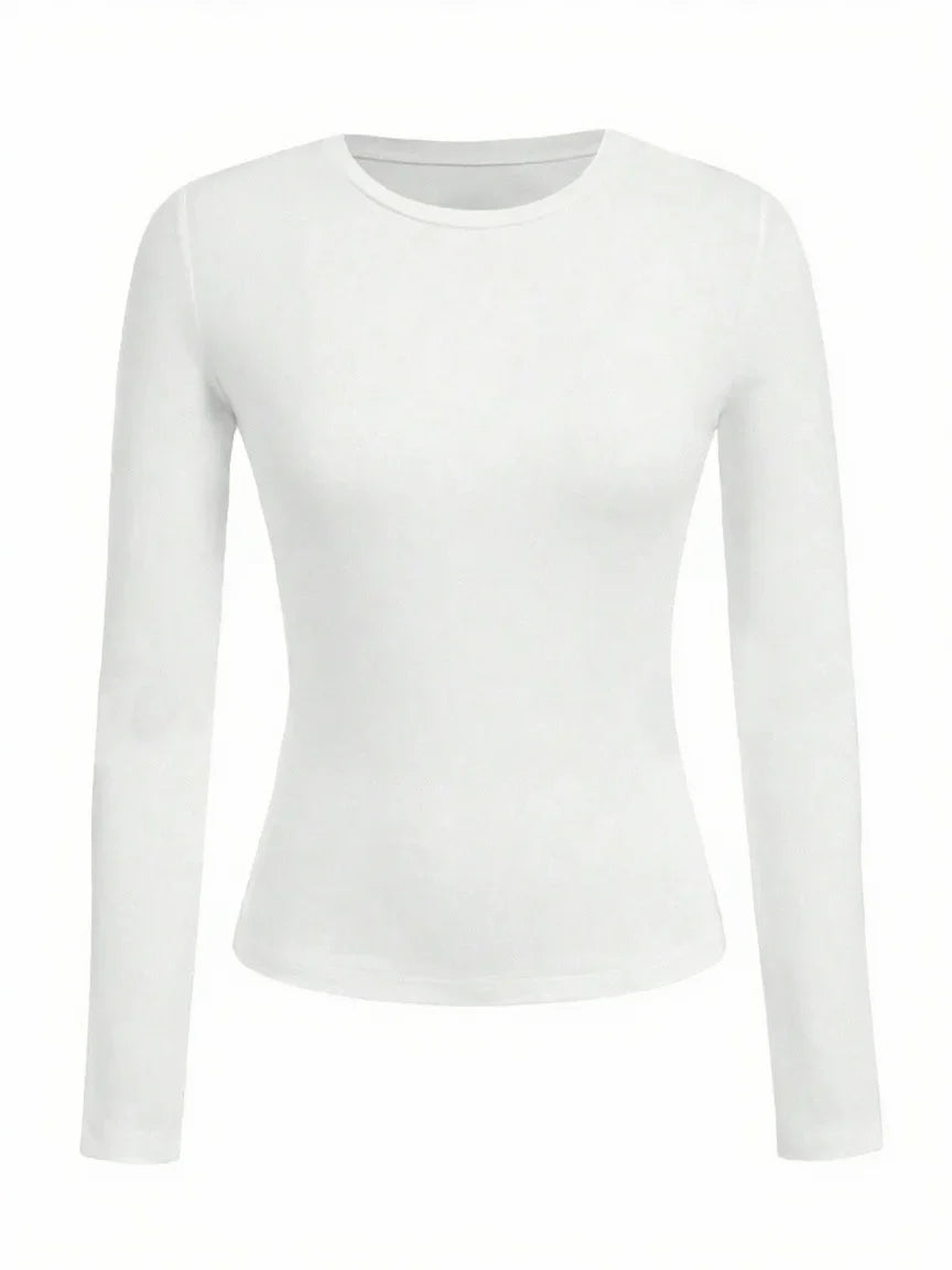 Women's Solid Color Long Sleeve T-Shirt – Round Neck Knitted Polyester Regular Fit Fall Winter Top
