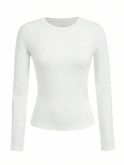 Women's Solid Color Long Sleeve T-Shirt – Round Neck Knitted Polyester Regular Fit Fall Winter Top