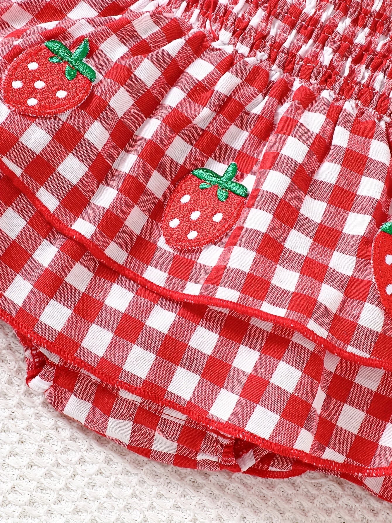 Baby Girl Strawberry Gingham Smocked Romper Dress – Tie-Strap Summer One-Piece with Stretchy Bodice & Layered Skirt