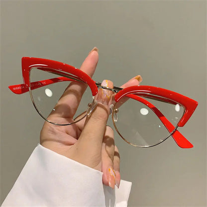 New Vintage Cat Eye Glasses Frame, Stylish Semi-Metal Rim Women’s Eyewear, Trendy Brand Design Non-Prescription Eyeglasses