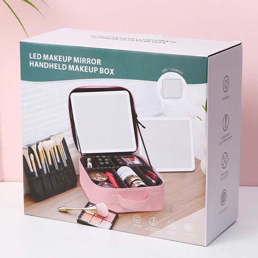 LED Lighted Cosmetic Case with Mirror - PU Leather Portable Travel Makeup Bag - Waterproof Makeup Storage