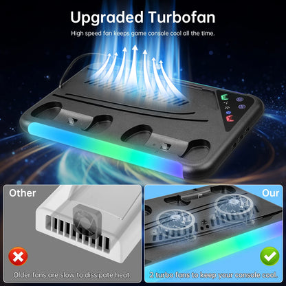 PS5 / PS5 Slim Cooling Stand with RGB LED Fan – 3-Level Adjustable Cooling Station for Disc & Digital Console Editions