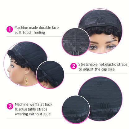 Short Layered Pixie Curly Human Hair Wig with Bangs – Glueless Full Machine Made Natural Look (4# 99J Color)