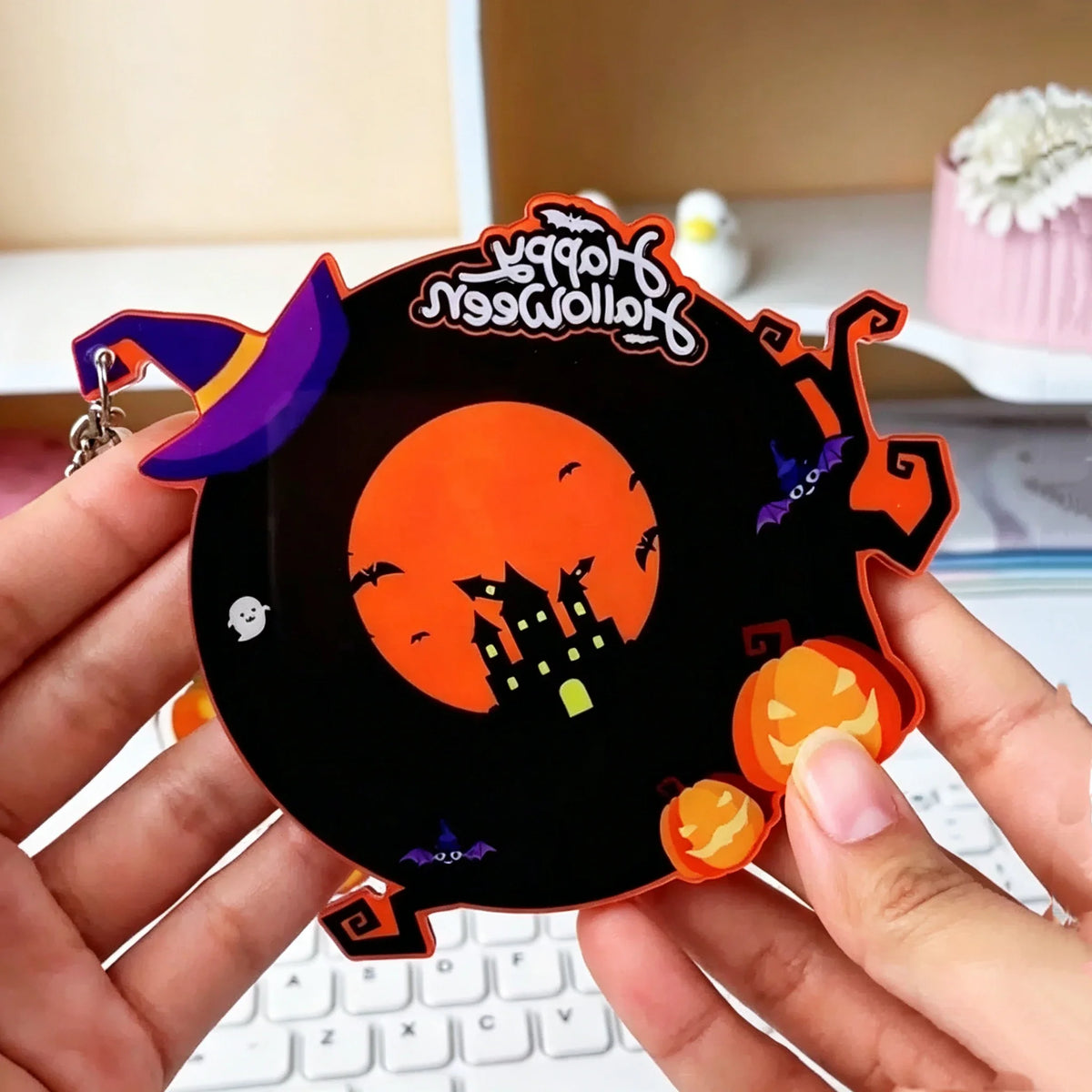 Halloween Acrylic Shaker Keychain - Cute Black Cat, Witch, Pumpkin & Ghost Bag Pendant