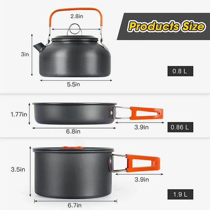 Camping Cookware Set — Non-Stick Cooking Pots, Teapot & Travel Tableware for 2-3 People, Outdoor Picnic Set