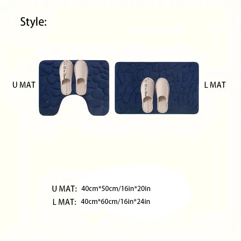 2PC Embossed Stone Pattern Toilet & Door Mats – Water-Absorbing, Non-Slip, Washable Home Decor Carpets