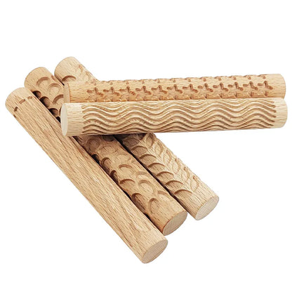 Wooden Texture Rolling Pin - Ceramic Pottery Art Embossed Flower Pattern Mud Roll Reliefs - DIY Clay Craft Tool