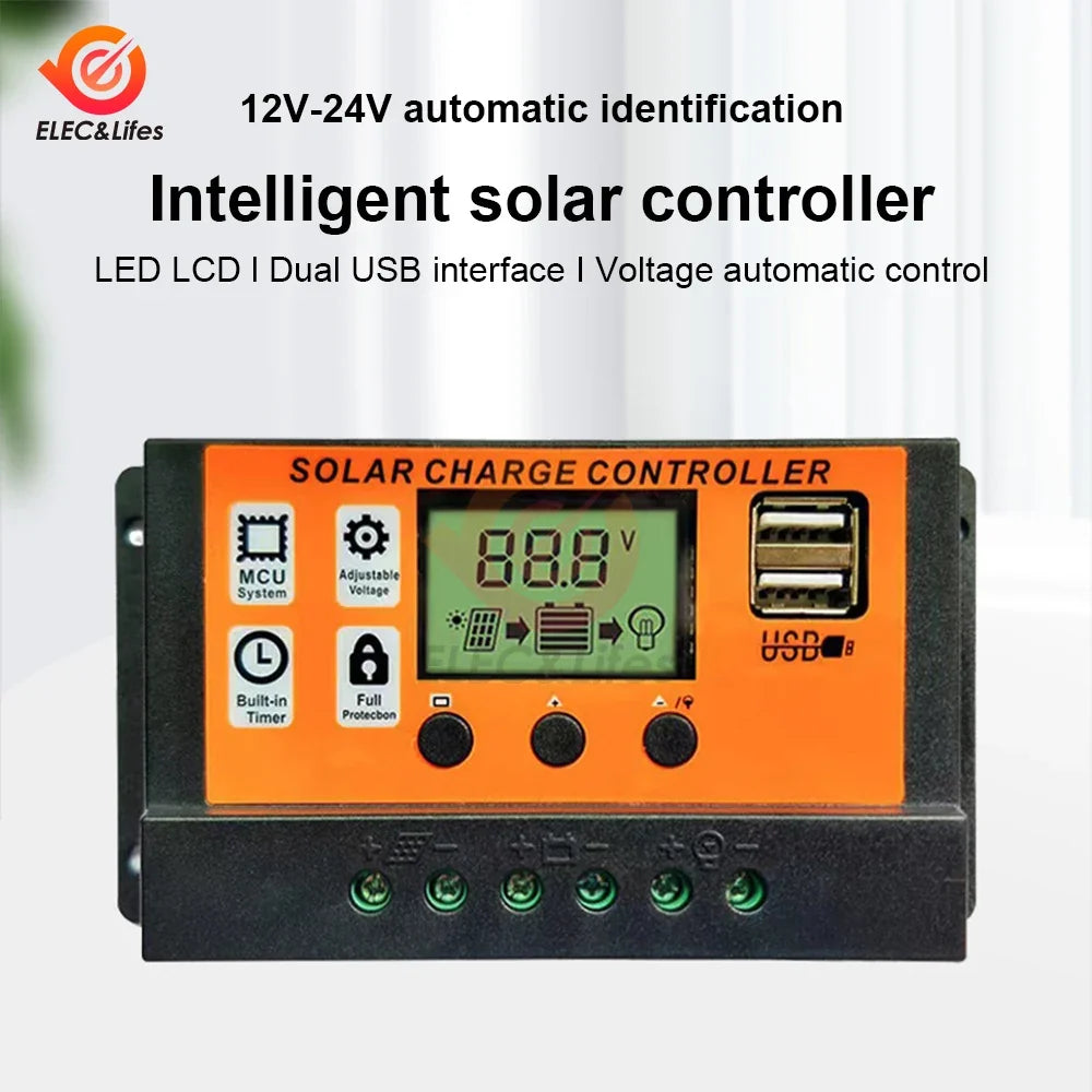 100A Solar Charge Controller - 12V/24V Adjustable LCD Display Solar Panel Battery Regulator with USB Port