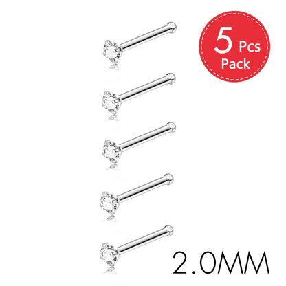 5PCS Stainless Steel Nose Ring Studs — Crystal Nostril Piercing Jewelry for Women & Girls, 1.5/2.0/2.5/3.0mm, 20G