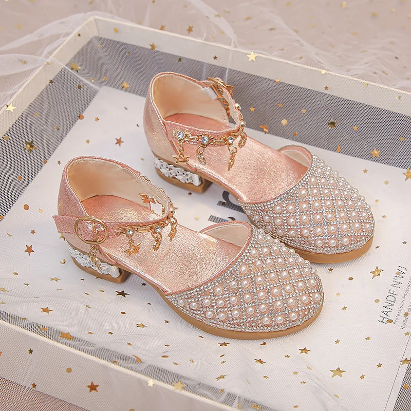 Girls Glitter Rhinestone High Heel Shoes - Princess Dress Shoes for Weddings and Parties