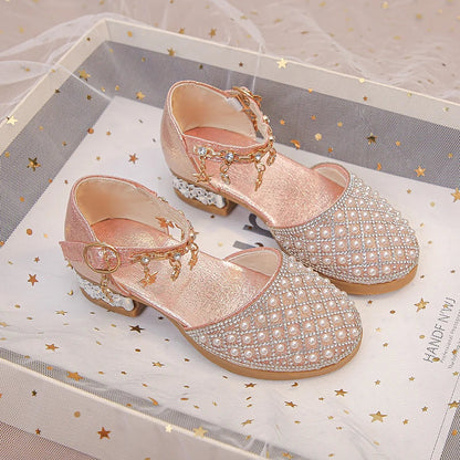 Girls Glitter Rhinestone High Heel Shoes - Princess Dress Shoes for Weddings and Parties