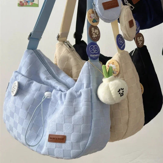 Xiuya Harajuku Style College Crossbody Bag: Solid Color Plaid Print Large Capacity Shoulder Bag, Cute Fashion Designer Handbag