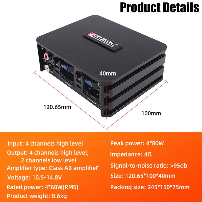 Class AB 4*60W Car Power Amplifier – DSP Audio Speaker for Android, Non-Destructive Installation, Dedicated Amp for Large Screens
