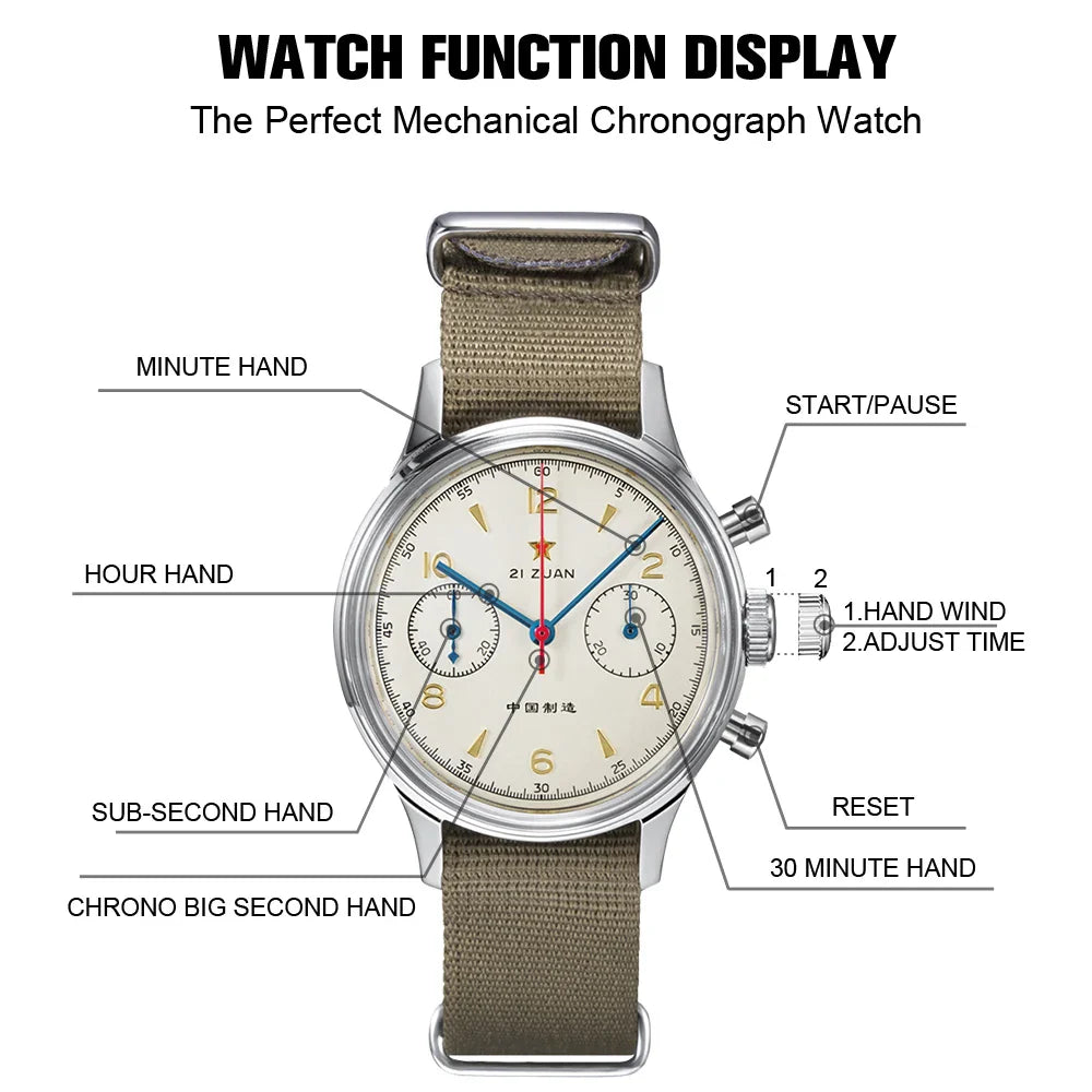 RED STAR 1963 Men's Chronograph Watch - 38mm Pilot Design with Seagull ST1901 Movement & Sapphire Glass