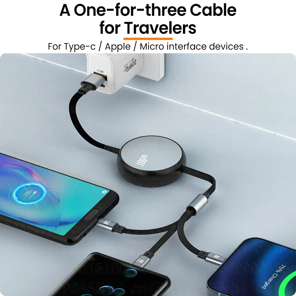 3-in-1 Retractable USB Cable: Fast Charge & Data Transfer for iPhone 14/13/12 Pro Max, Huawei - Supports 8-pin, Type C, Micro Connections