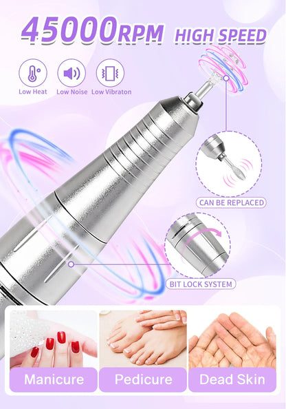 45000RPM Portable Rechargeable Nail Drill Machine – Low Noise Nail Sander & File for Manicure Salon Use