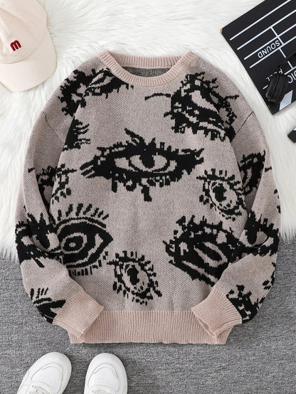 Men's Abstract Eye Jacquard Sweater - Round Neck Knitted Autumn Winter Casual Pullover Top