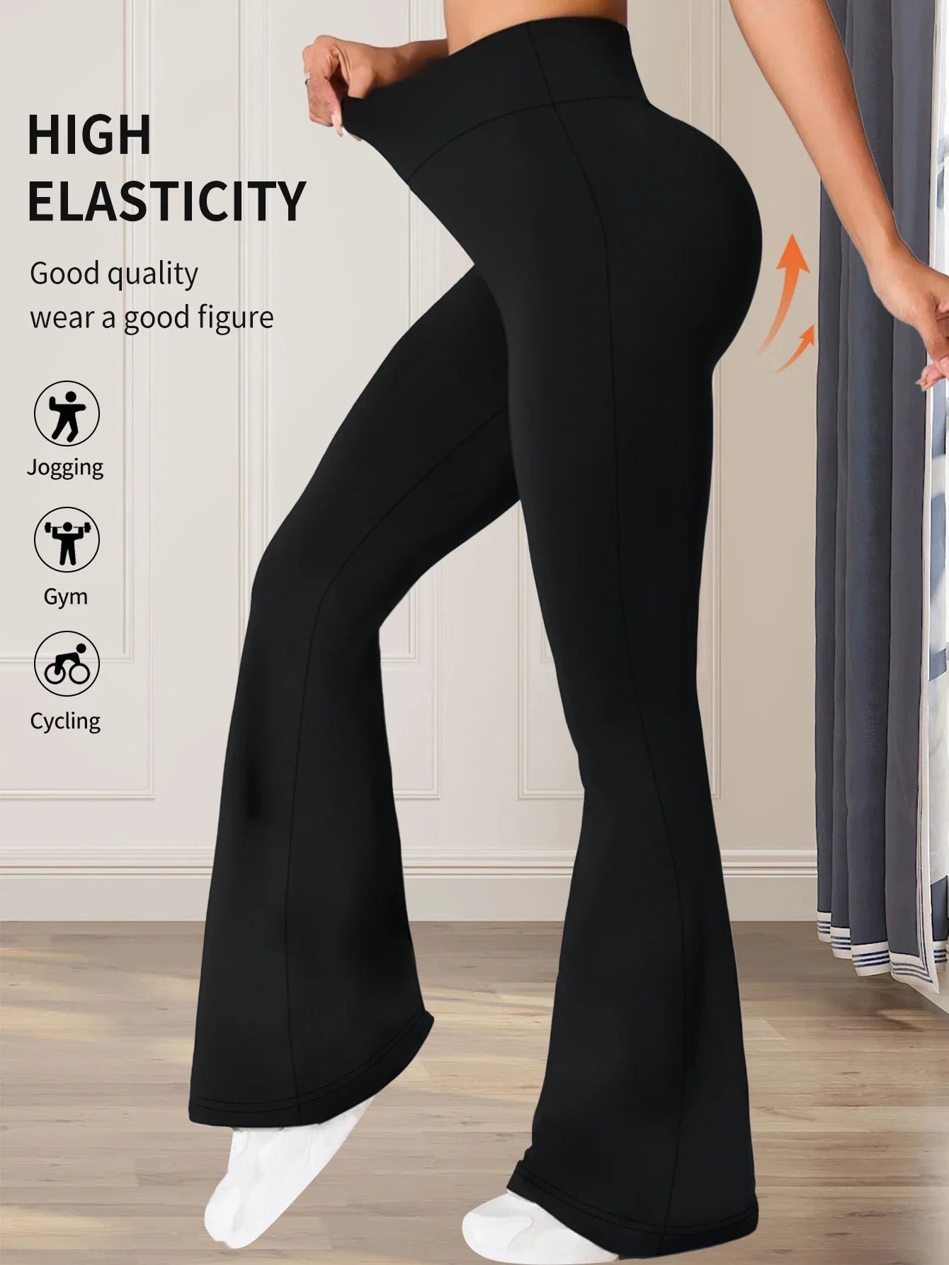 Women's High-Waisted Flared Pants - Slim-Fit Lightweight Wide-Leg Black Trousers