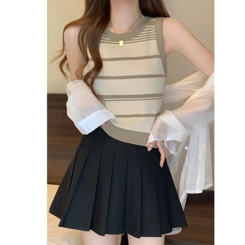 Women's Casual Striped Knit Sleeveless Tank Top with Contrast Trim – Pink, Black & White