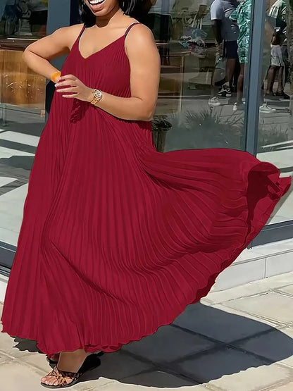 Women’s Summer Sleeveless V-Neck Dress – Elegant Pleated Loose Long Dress, Thin Straps, Plus Size