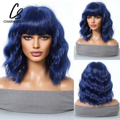 CharmSource Pink BOBO Short Synthetic Wig – Natural Wavy Heat Resistant Hair Wig for Women, Party & Daily Wear