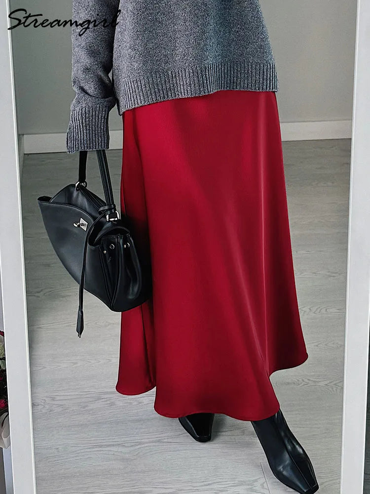 Women’s Long Satin Maxi Skirt – Luxury Shiny High Waist Straight Fit Elegant Skirt for Spring Summer Casual Fashion