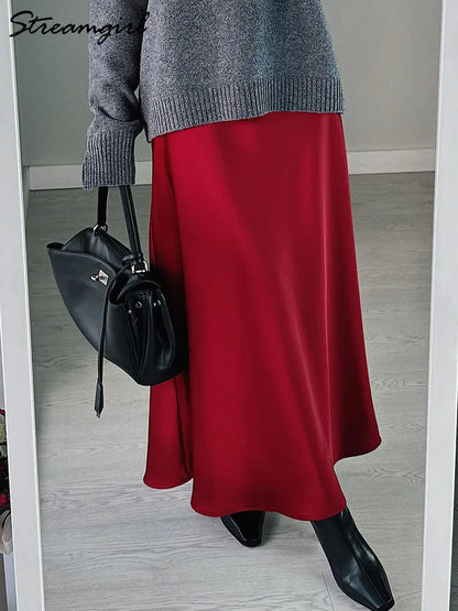 Women’s Long Satin Maxi Skirt – Luxury Shiny High Waist Straight Fit Elegant Skirt for Spring Summer Casual Fashion