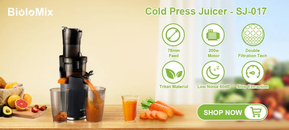 BioloMix Cold Press Juicer — 130mm Feed Chute, Whole Fruit & Veg, High Yield BPA-Free Slow Masticating Juicer