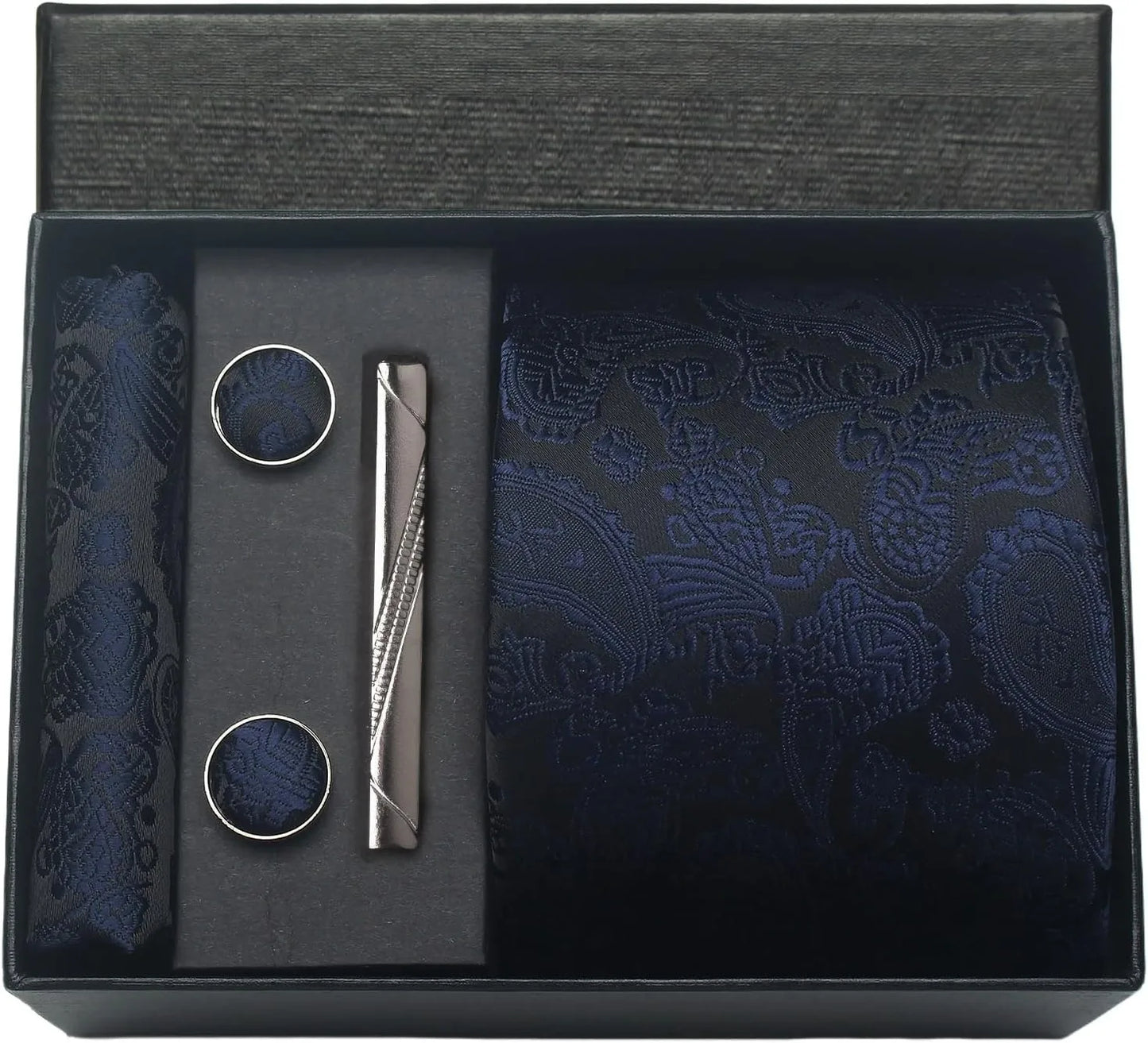 100% Silk Paisley Floral Necktie Set for Men - Premium Business Tie with Pocket Square Tie Clip Cufflinks Gift Box
