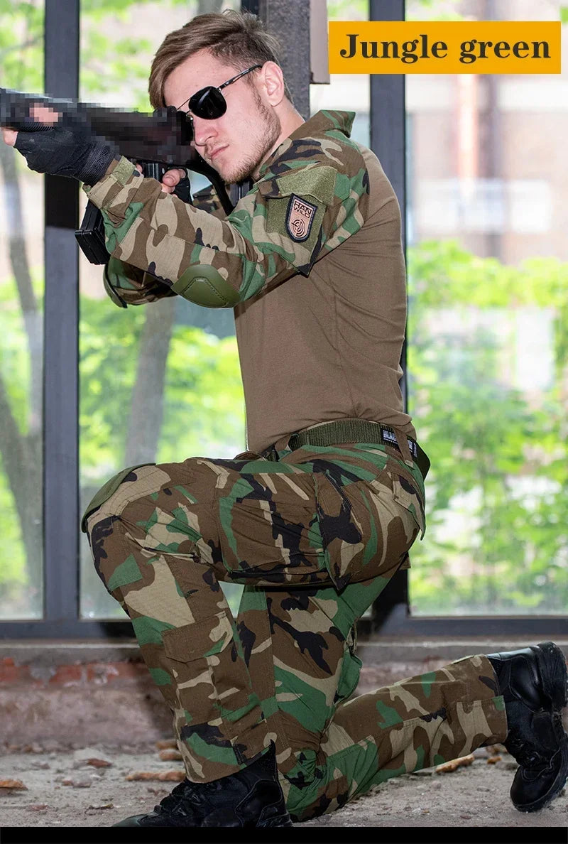 Men’s Camo Tactical Uniform Set | Ripstop Airsoft Suit with Multi-Pocket Pants & Training Shirt for Hunting or Paintball