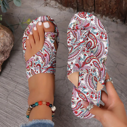 Large Size Women’s Flat Toe Slippers — 2025 Fashionable Breathable Printed Roman Style National Slippers