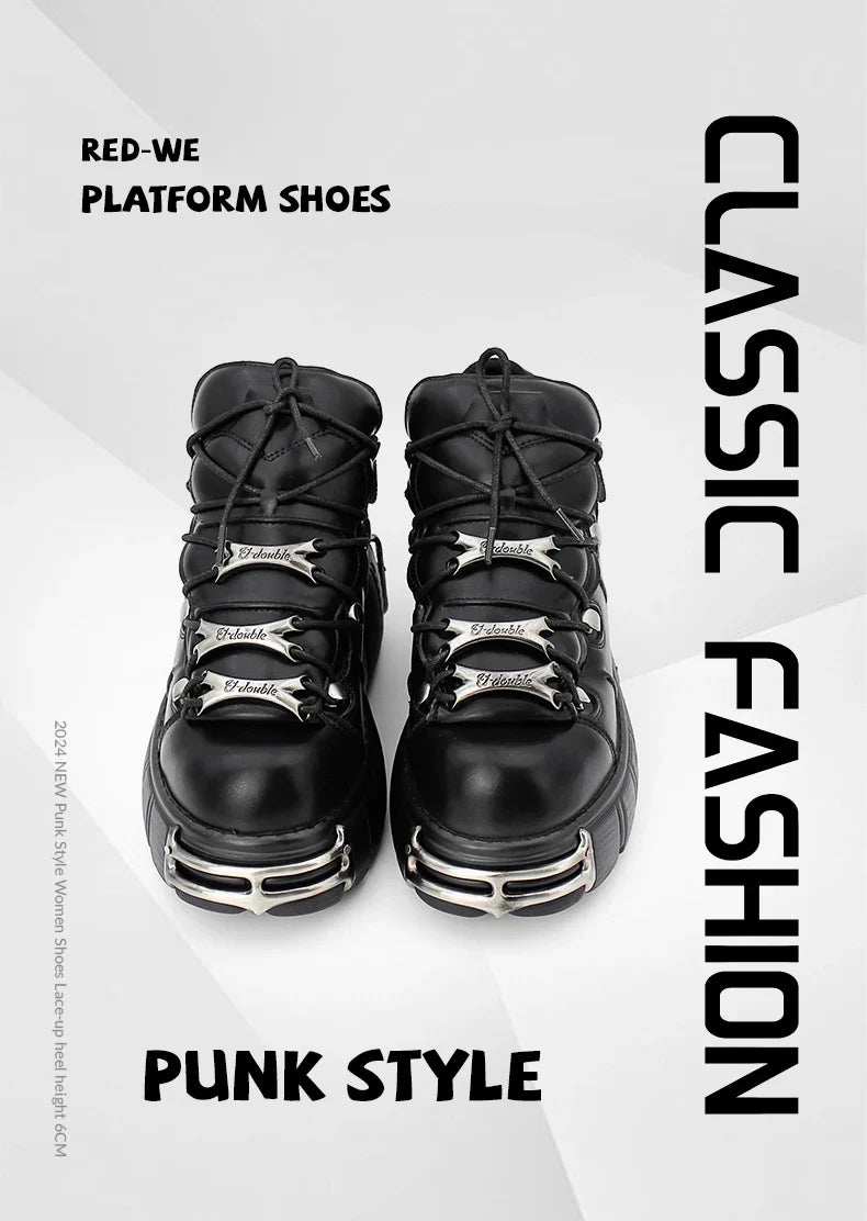 2024 New Punk Style Women's Platform Shoes – 6CM Lace-Up Gothic Ankle Boots with Metal Decor