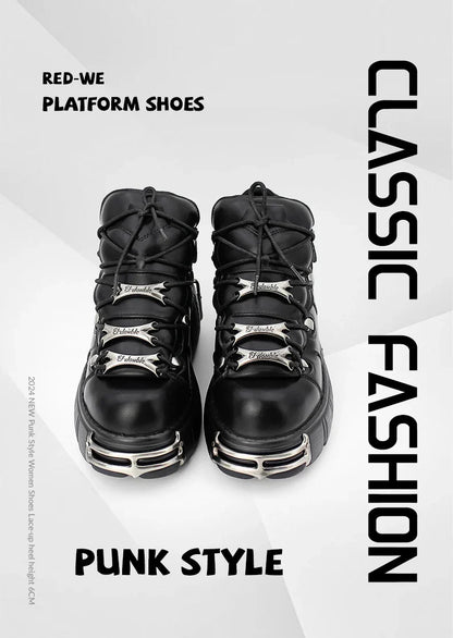 2024 New Punk Style Women's Platform Shoes – 6CM Lace-Up Gothic Ankle Boots with Metal Decor