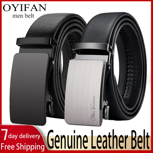 OYIFAN Men’s Genuine Leather Belt – Designer Alloy Buckle Automatic Ratchet Belt