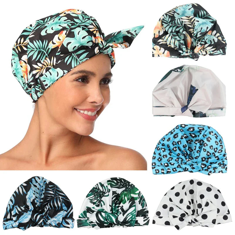 Stylish Waterproof Shower Cap - Striped Bath Cap with Adjustable Elastic Band for Women with Long Thick Hair