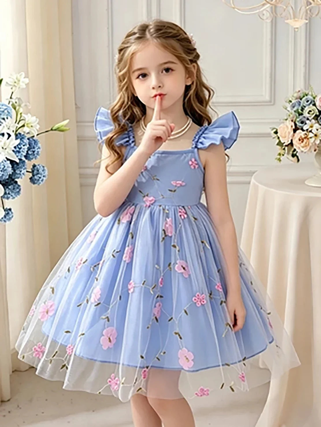 Girls’ Blue & Pink Floral Tulle Princess Dress - Flutter Sleeve Puffy Skirt Summer Party Dress