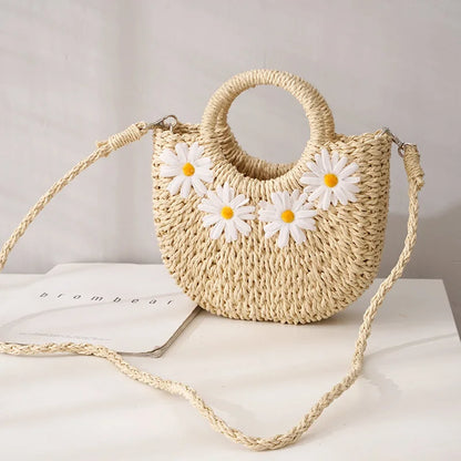 Hand-Woven Straw Beach Bag – Women’s Handmade Moon Basket Crossbody Bohemian Summer Tote