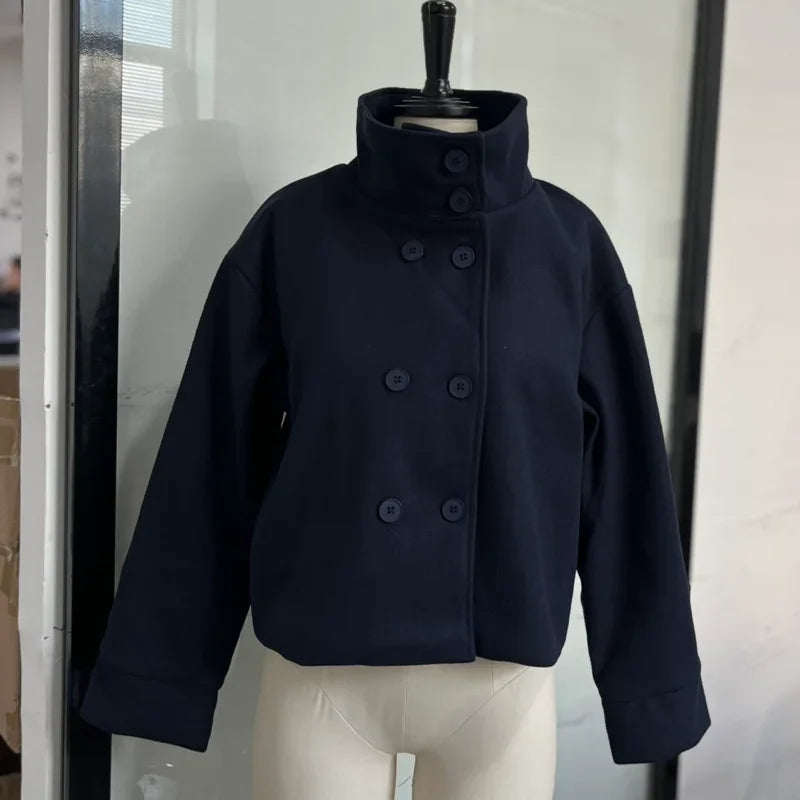 Women’s Short Woolen Coat - Stand Collar Loose Zipper Jacket for Spring Autumn Fashion Outerwear