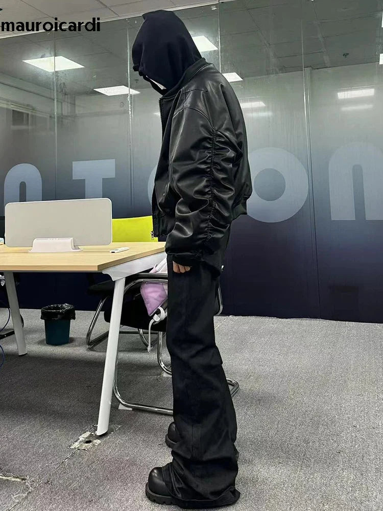 Mauroicardi Autumn Winter Oversized PU Leather Bomber Jacket for Men - Thickened Warm Hooded Luxury Designer Coat