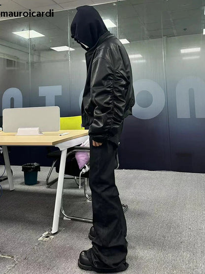 Mauroicardi Autumn Winter Oversized PU Leather Bomber Jacket for Men - Thickened Warm Hooded Luxury Designer Coat