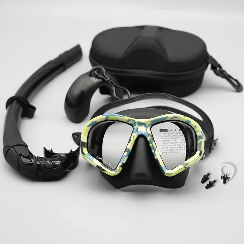Freediving Mask with Camera Mount - Two-Window Tempered Glass Waterproof Anti-Fog Snorkeling Mask