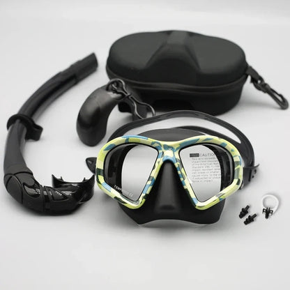 Freediving Mask with Camera Mount - Two-Window Tempered Glass Waterproof Anti-Fog Snorkeling Mask