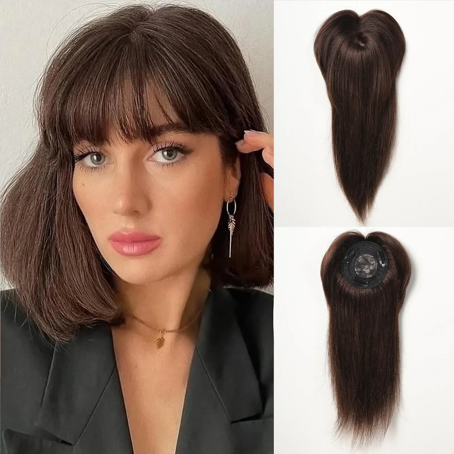 Brown Blonde Ombre Human Hair Toppers for Women – 10/12/14 Inches with Silk Base, Clips, and Bangs