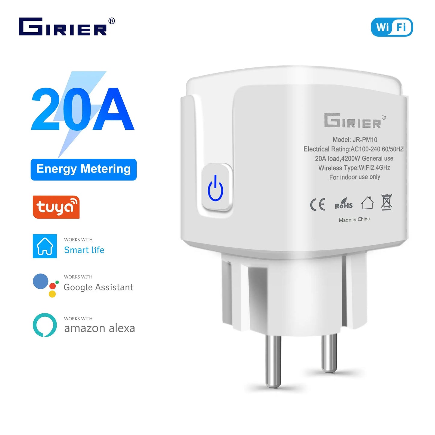 GIRIER Tuya WiFi Smart Plug – 20A EU Socket Outlet with Power Monitor, Timer Function, 4200W, Compatible with Alexa & Google Home