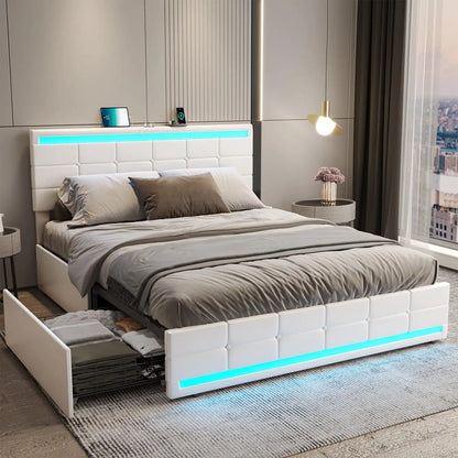 LED Full Size Bed Frame – Upholstered Platform Bed with Light-Up Headboard & Footboard, Square Stitched Tufted Design