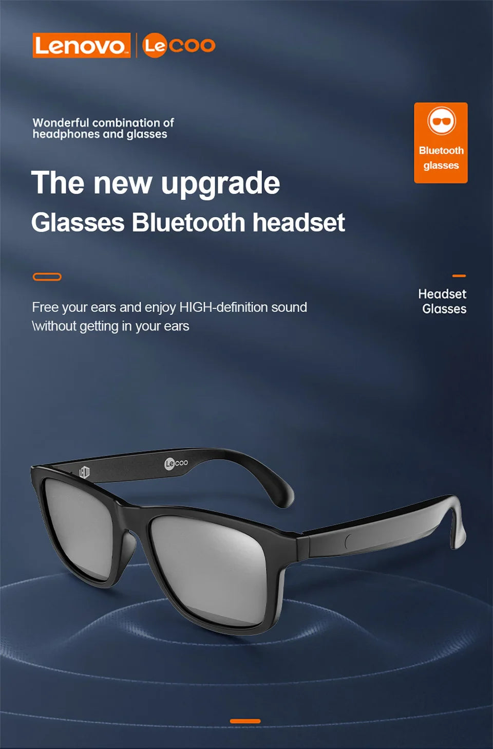 Lenovo Lecoo C8 Lite Bluetooth 5.3 Sunglasses – Wireless HiFi Earphones, HD Calls, Anti-Blue Light for Outdoor & Driving