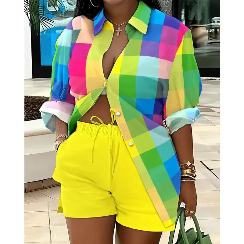 Women’s Colorful Striped Two-Piece Set – Casual Summer Button-Up Long Sleeve Shirt & Shorts Outfit