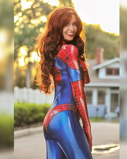 Adults Halloween MJ Spiderman Cosplay Costume — Female Mary Jane Watson Zentai Bodysuit Jumpsuit for Party